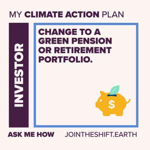 Cue Card for the Investor superpower climate action number 3 with text: Change to a green pension or retirement portfolio.